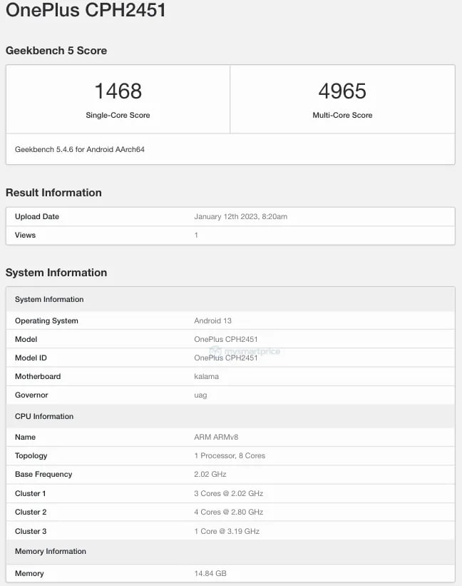 OnePlus 11 Global Version appears on Geekbench with 16GB RAM
