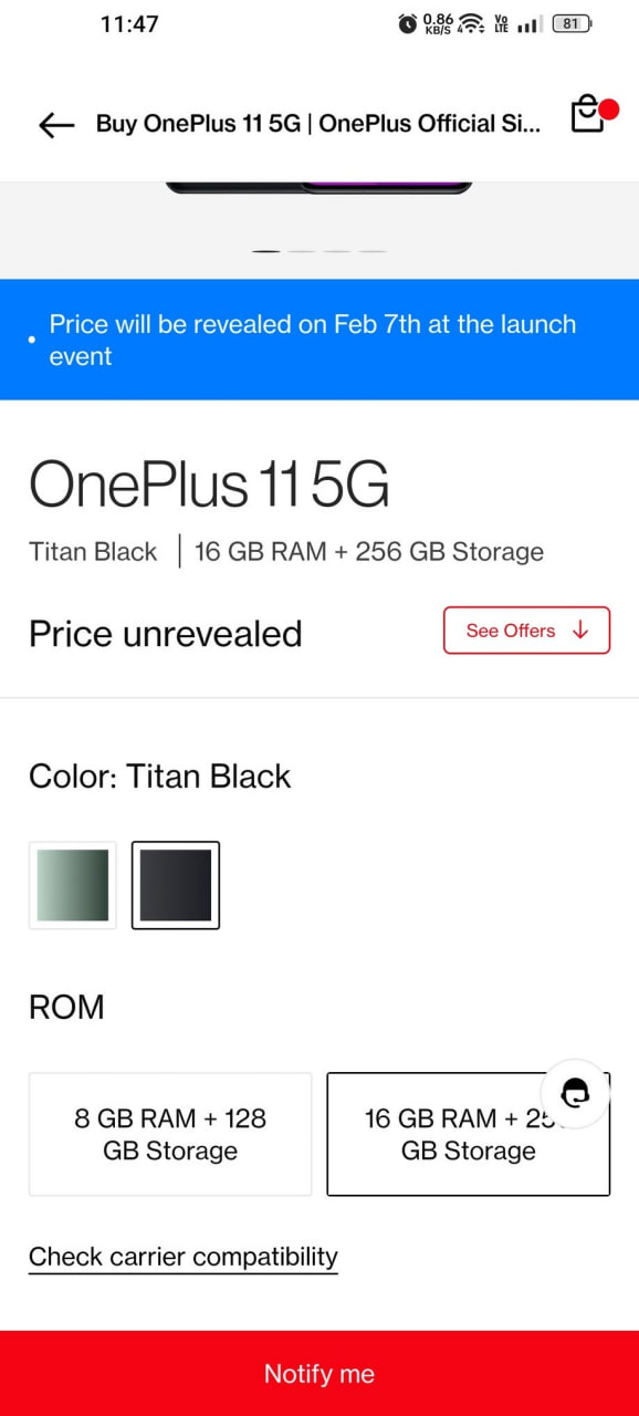 OnePlus 11 colors memory India