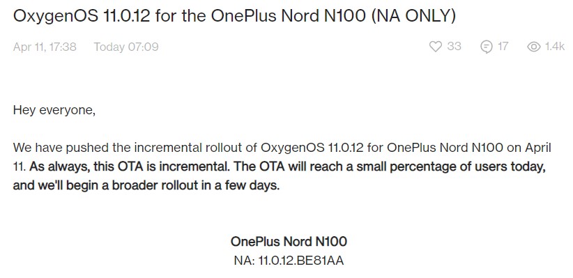 OnePlus Nord N100 April 2023 update