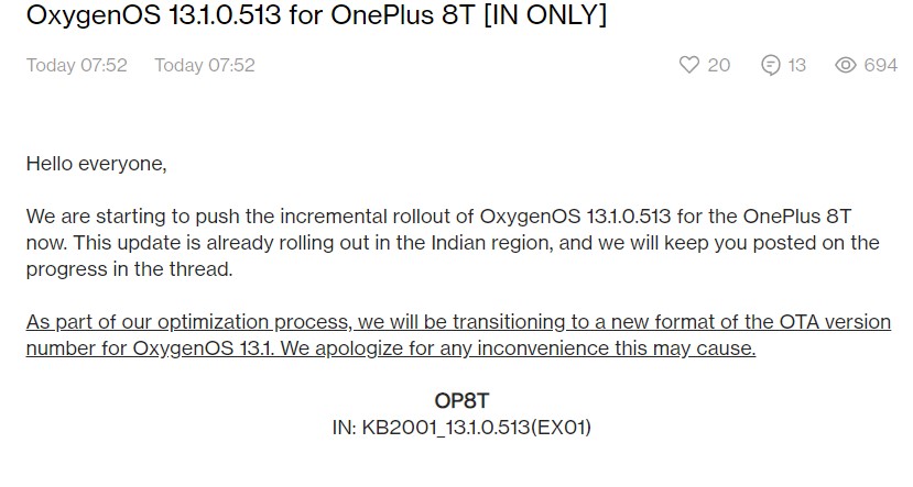 OnePlus 8T OxygenOS 13.1