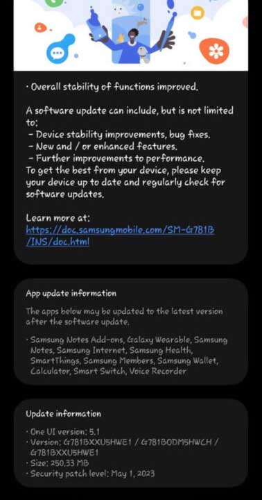 Samsung Galaxy S20 FE second May 2023 update