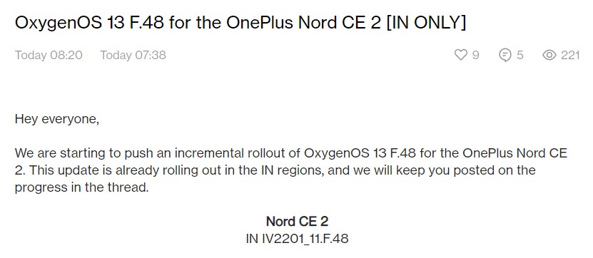 OnePlus Nord CE 2 May 2023 update