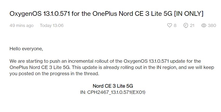 OnePlus Nord CE 3 Lite May 2023 update