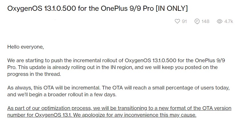 OnePlus 9 Pro OxygenOS 13.1 update
