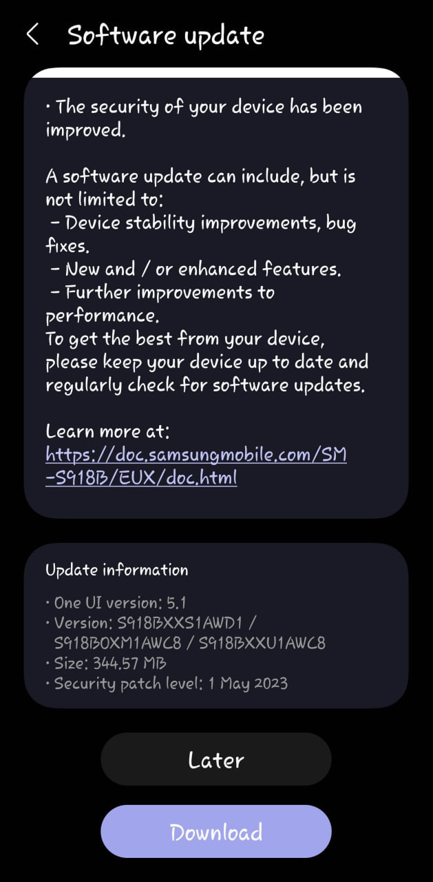 Samsung Galaxy S23 May 2023 update