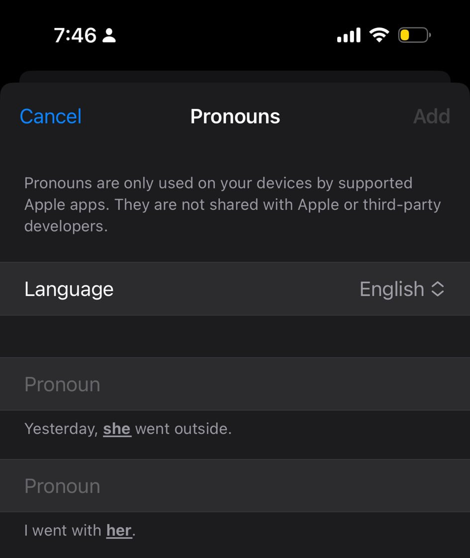Apple iOS 17 Pronoun Fields Contacts