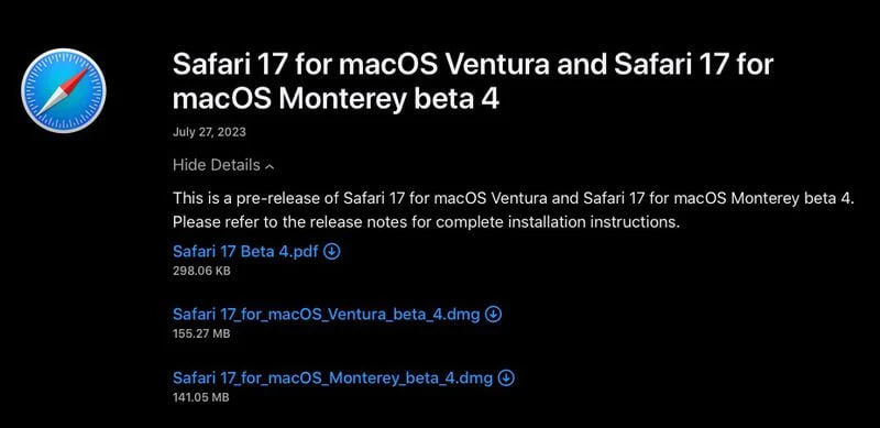 Download Apple Safari 17 beta