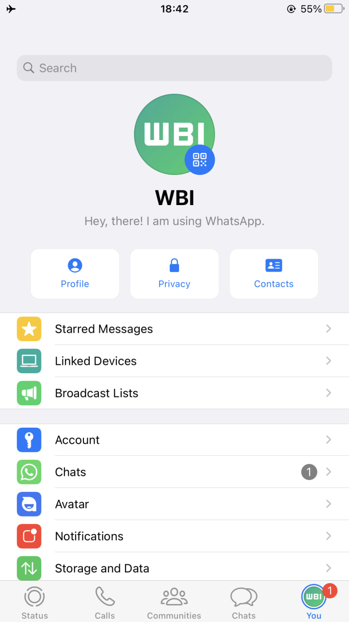 WhatsApp app settings interface