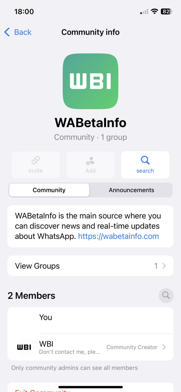 WhatsApp community info interface
