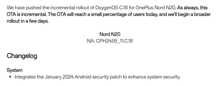  OnePlus Nord N20 January 2024 update