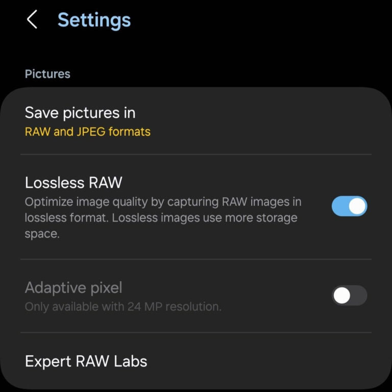 Samsung Expert RAW lossless RAW format