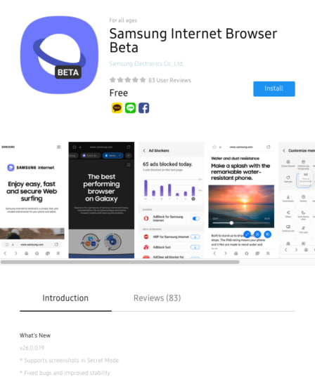 Samsung Internet 26.0.0.19 Beta features